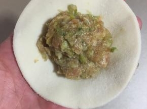 取一个饺子皮，放一勺肉馅儿，按压一下。