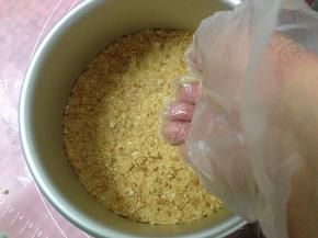拌好的饼干末放入6寸活底模具内用手压实，放入冰箱冷冻1小时