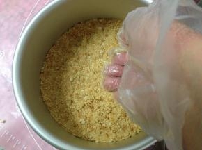 拌好的饼干末放入6寸活底模具内用手压实，放入冰箱冷冻1小时