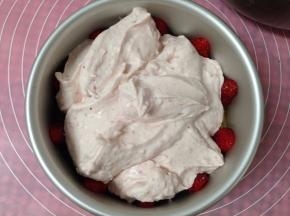 倒入搅拌好的慕斯糊（注意：倒慕斯糊的时候要先倒入中间部分，让慕斯糊慢慢从中心向外围扩散开。这样摆放好的草莓位置就不会移动）