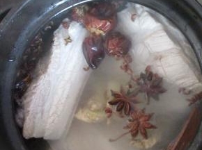 砂锅中放开水，放入焯好的五花肉，加入煮肉料，煮30--40分钟，把肉煮熟