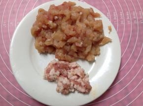 鸡脯肉、五花肉分别切小粒