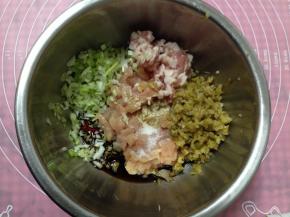 两种 肉馅内加入盐、胡椒粉、葱花、生抽、榨菜、咖喱粉、葱油调匀搅拌上劲