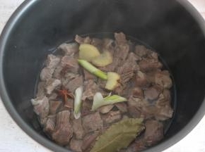 将牛肉放入电压力锅中，加入葱、姜、花椒、大料，一碗水，高压烹制30分钟。