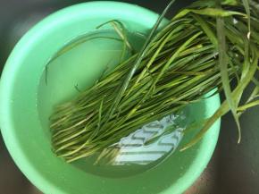 韭菜洗净再滤去水分（拿到阳台吹干）