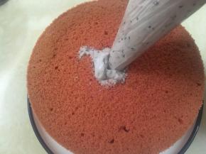 把淡奶油果酱混合物装裱花袋里，挤进蛋糕里