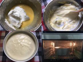 9、将1/3的蛋白加入到蛋黄糊里，并搅拌均匀，翻拌和切拌手法
10、最后将蛋黄糊全部倒入剩将1/3的蛋白加入到蛋黄糊里，并搅拌均匀，翻拌和切拌手法下的2/3的蛋白里，并搅拌均匀
11、倒入模具，刮一下面糊，让面糊平整点，并轻震2、3下
12、烤箱150度提前预热10分钟，将模具放入烤箱最中下层，150烤50分钟，烤好拿出来倒扣