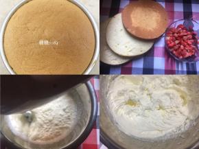 13、出炉倒扣2小时后，徒手脱模
14、蛋糕坯切3片，顶部不要，水果洗干净切粒
15、350g的淡奶油一次性倒入35g细砂糖，先高速打发，酸奶状时转中速，出现纹路后转低速
16、图上是全发，用来蛋糕夹层和裱花用