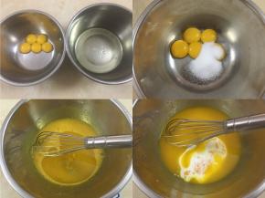 1、蛋清分离（记得打蛋盘中一定要无水无油！）
2、蛋黄里加入细砂糖，并搅拌均匀
3、加入玉米油，并搅拌均匀
4、加入纯牛奶，并搅拌均匀