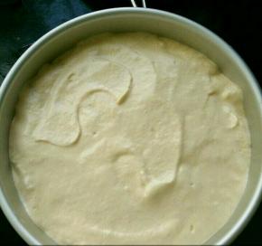 把蛋糕糊倒进蛋糕模具，用硅胶铲刮平，然后再垂直桌面震一下，震出气泡。