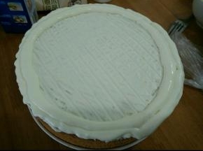 把一半混合好的酸奶倒在蛋糕上面，用刮板刮出纹路，然后剩下的酸奶装到裱花袋，剪去一个角，在蛋糕边边剂上两圈。(也可以不挤，问题不大)
