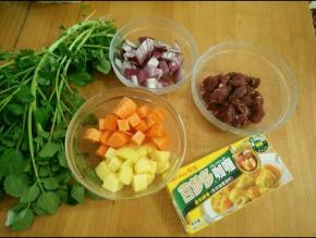 准备好食材。胡萝卜、洋葱、土豆以及牛肉分别切成小块。