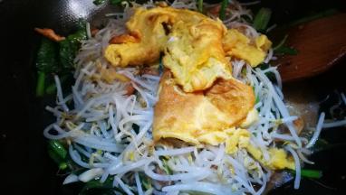 倒入豆芽和鸡蛋 加适量盐 少许生抽 翻炒均匀即可