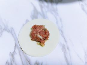 这样可以包饺子了，取一张饺子皮，放入牛肉馅。