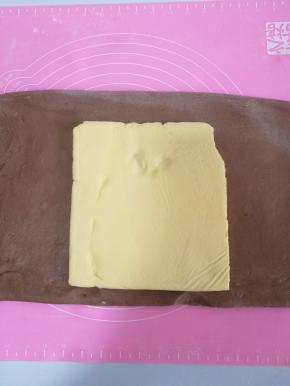 然后擀成长方形把冷冻好的黄油放在中间。