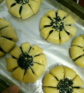 全部做好后再继续二次发酵。发酵好刷蛋液，撒点芝麻。