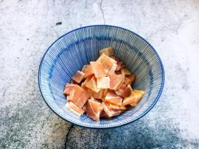 培根提前解冻，切成小粒。