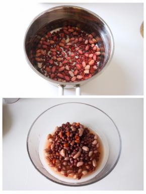 将红皮花生、红豆、一半枸杞用清水洗净，放入汤锅中煮熟（大约20分钟）；