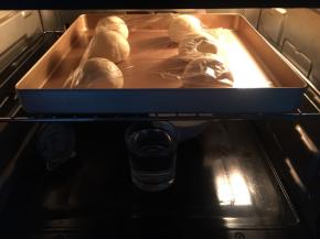 揉紧致后放入烤盘，盖上保鲜膜，放入烤箱中，并放入两杯开水按保温键