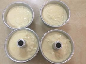 倒入模具，刮一下面糊，让面糊平整点，并轻震2、3下（旧图～配方是2个6寸中空模具）
