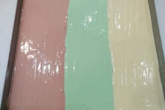 挤完蛋糊后轻轻震荡几下，震出大气泡使表面平整，然后送入预热好的烤箱中层上下火170度烤约20~25分钟左右