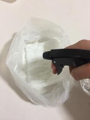 用喷壶喷少许水在纸巾表面。（水不要喷的太多，把纸巾弄湿即可。）