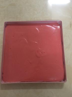 倒入金盘，抹平表面，并轻震2、3下（金盘尺寸是28*28）