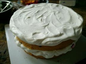 盖上另一片蛋糕，同样在上面抹上奶油，可以适当抹超出蛋糕体一些。