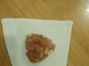 取一块云吞皮，放上猪肉。