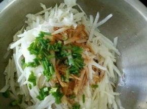 加入适量盐和耗油，把葱花切碎也放进去。搅拌均匀。