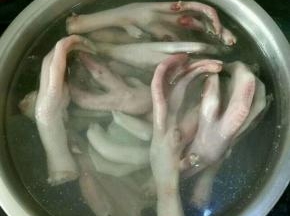 鸭爪洗干净，冷水入锅加入料酒和盐，煮几分钟后捞出备用。