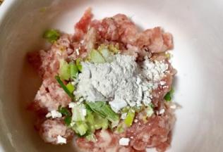 肉沫放入老姜末放入葱白，放入少许盐和淀粉加10ml清水搅拌至顺滑