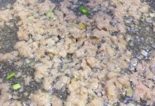 热锅倒入葵花油，油温六成热时倒入肉沫，把肉沫炒香炒变色