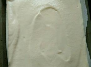 把蛋糕糊倒进烤盘里，刮平。