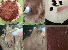 巧克力味的制作开始同原味的一样，提前将可可粉倒入奶粉中并搅拌均匀，牛轧糖融化完全后放入巧克力搅拌均匀，再将可可奶粉倒入搅拌均匀，加入坚果后拌匀，放不粘烤盘中整形，晾凉后切块