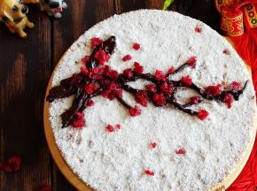 用小筛子撒上椰蓉，黑巧克力装入裱花袋里隔水融化后剪开小口挤出树枝形状，随意摆放上蔓越莓颗粒做花朵即可。