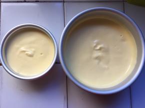 倒入6寸的膜具中，轻震几下，震出大气泡，今天我的鸡蛋有点大，我就分了一点到4寸里，放入预热好的烤箱120度中层50分钟，上下火