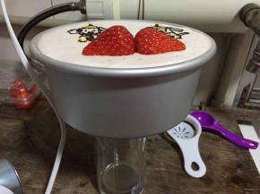 蛋糕下面放一个杯子，用吹风再周围吹一下，即可脱模