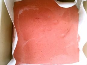 烤盘铺油纸，将翻拌均匀的面糊抬高倒入模具内，用刮棒将表面刮平正，我用的18称18的方盘