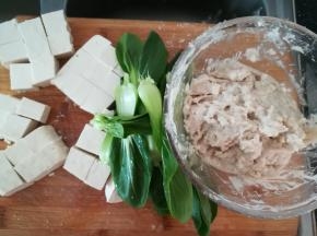 豆腐切块。青菜洗净备用。