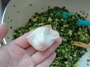 双手把两边捏紧，慢点不要紧，最重要是不要露馅，不然会吃一锅面片韭菜汤哈哈~~