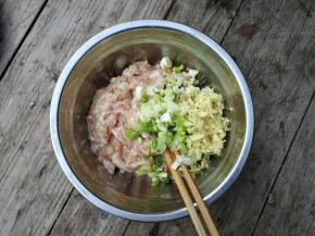 葱姜放入肉末里面