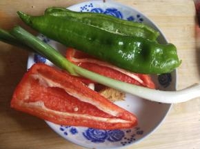 准备青椒，红椒，大蒜，蒜苗，生姜，洗净。