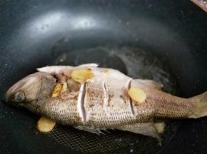 起油锅加入姜片，再把腌制好的鲈鱼放入锅中。