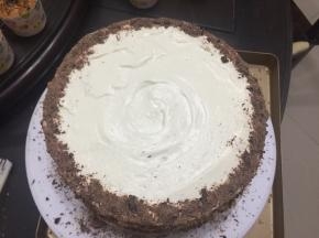 然后蛋糕上抹上一层奶油，蛋糕边缘撒入巧克力碎
