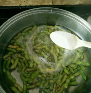 把毛豆倒进去，烧开后加入适量盐。煮20分钟左右关火，再焖一个小时。