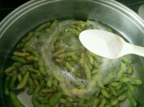 把毛豆倒进去，烧开后加入适量盐。煮20分钟左右关火，再焖一个小时。