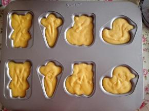 12.	挤入蛋糕模具中，震几下，震出气泡，