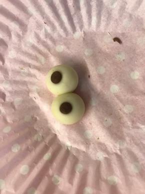 摘芝麻大小的可可粉面团做眼珠粘在1克的白色面团上