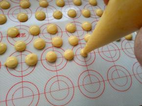 烤盘垫硅胶垫或者油纸，油布，裱花袋和烤盘垂直将蛋黄糊挤到烤盘上